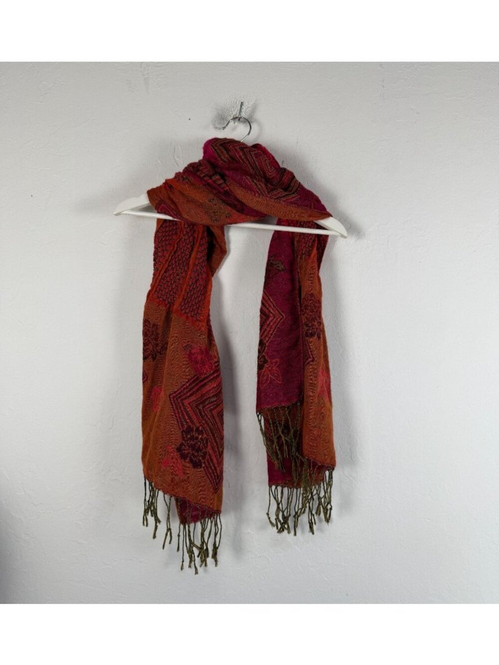 J & X Pashmina Scarf Red Orange Floral Geometric Woven Jacquard Shawl Fringe OS